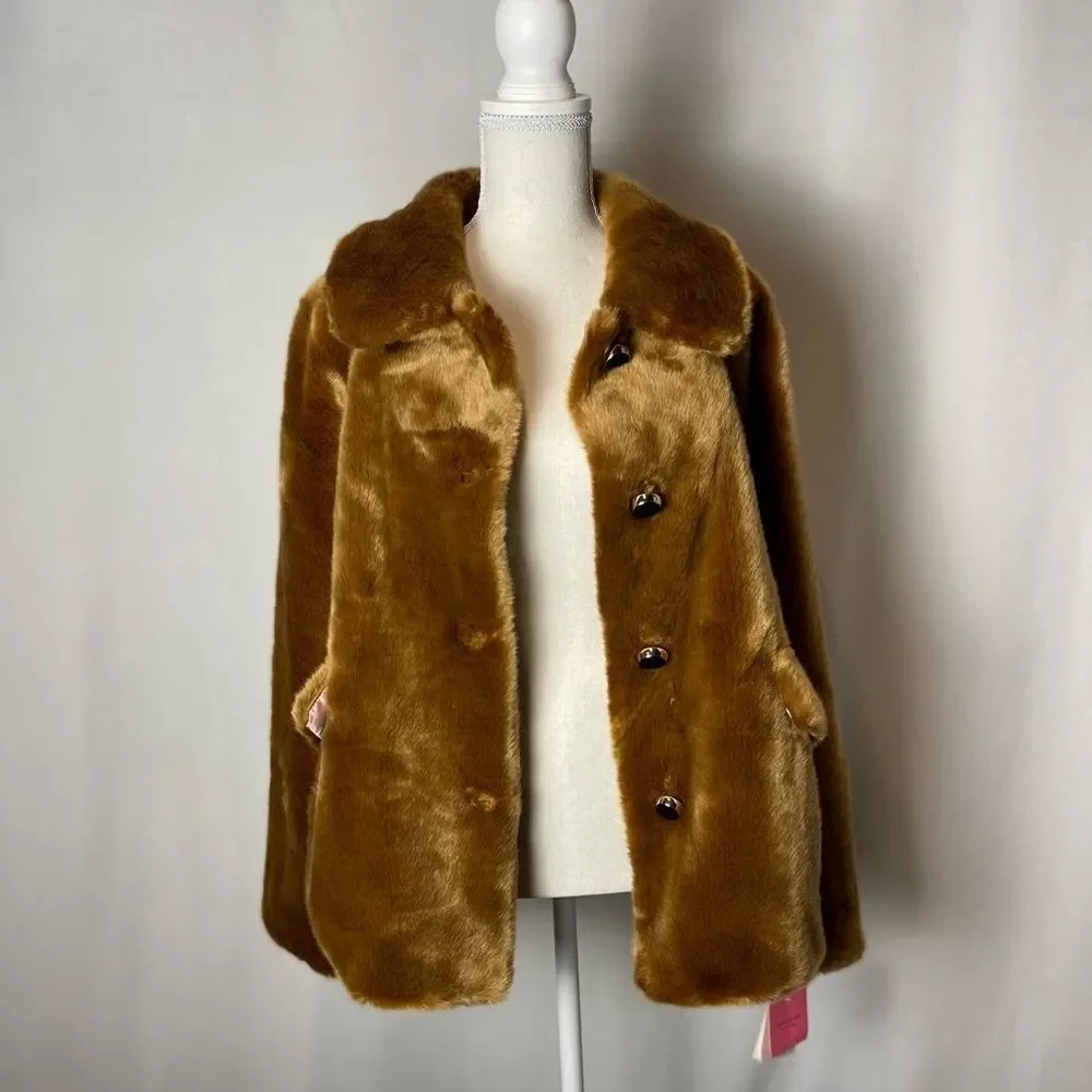 Kate Spade Caramel Brown Faux Mink Fur Coat with Silky Pink Lining SZ L NWT